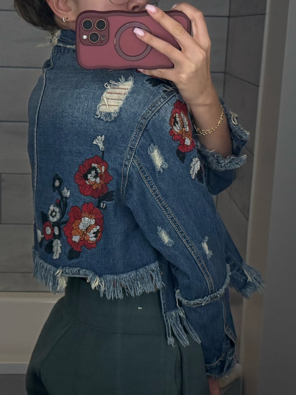 Embroidered Distressed Denim Jacket in Blue with Red Floral Accents - Picture 3 of 8